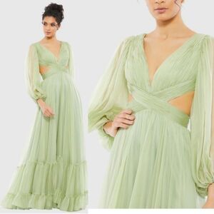 NWT Mac Duggal 67948 Sage Green Sz. 2 Long Sleeve Pleated Cut Out Dress